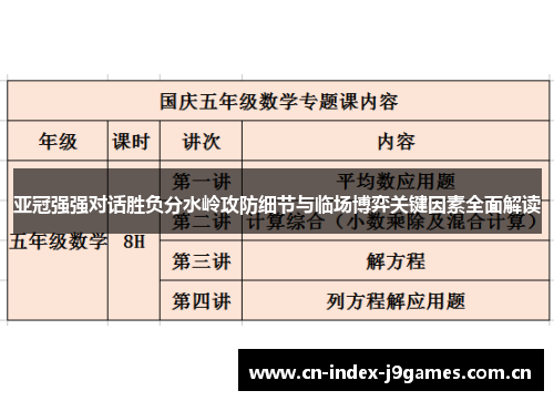 亚冠强强对话胜负分水岭攻防细节与临场博弈关键因素全面解读 亚冠强强对话胜负分水岭攻防细节与临场博弈关键因素全面解读