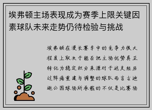 埃弗顿主场表现成为赛季上限关键因素球队未来走势仍待检验与挑战